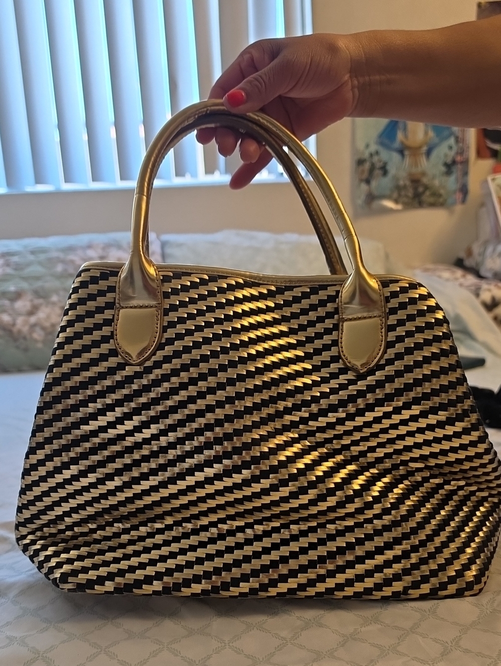 SUKI Structured Black & Gold Woven Tote Handbag